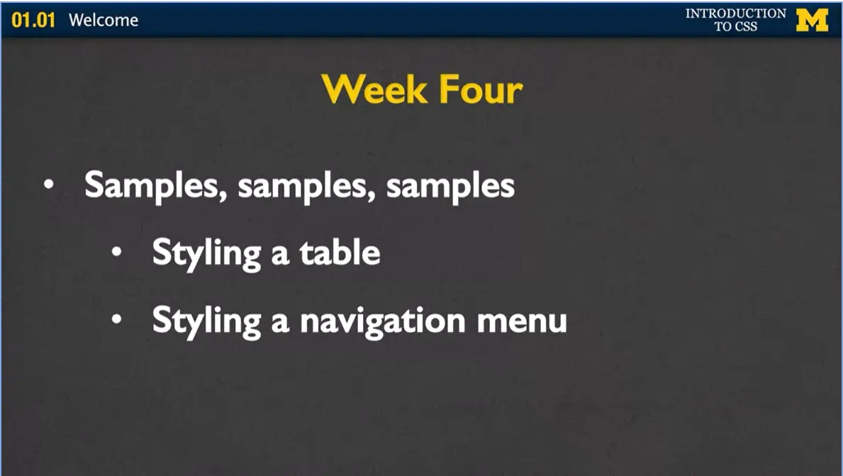 Week Four: Styling a Table & Styling a Navigation Menu.